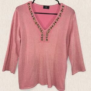 Lark Lane Pink Shimmer Knit Embellished Top Size M – Beaded Fairy Boho Y2K Glam